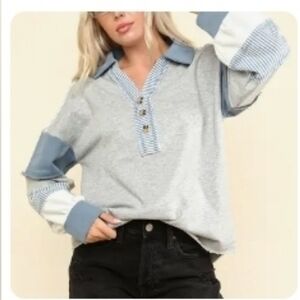 New In Brand V-Neck Henley Style Relaxed Fit Sweatshirt Top